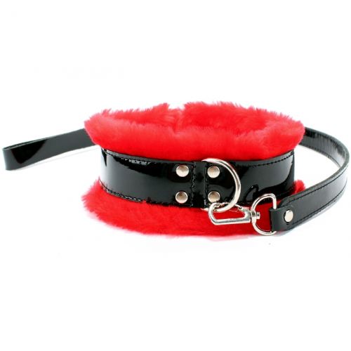 Набор фиксаторов (ошейник, поводок, оковы) из лакированной кожи с красным мехом