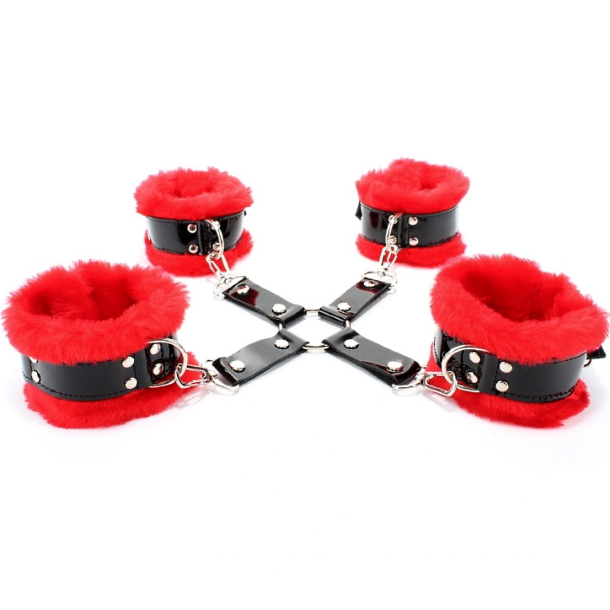 Набор оков с бондажным крестом из лакированной кожи и эко-меха черно-красный