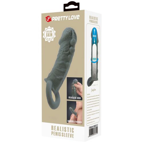 Увеличивающая насадка на пенис со стимулирующим рельефом Realistic Penis Sleeve + 3 см серая