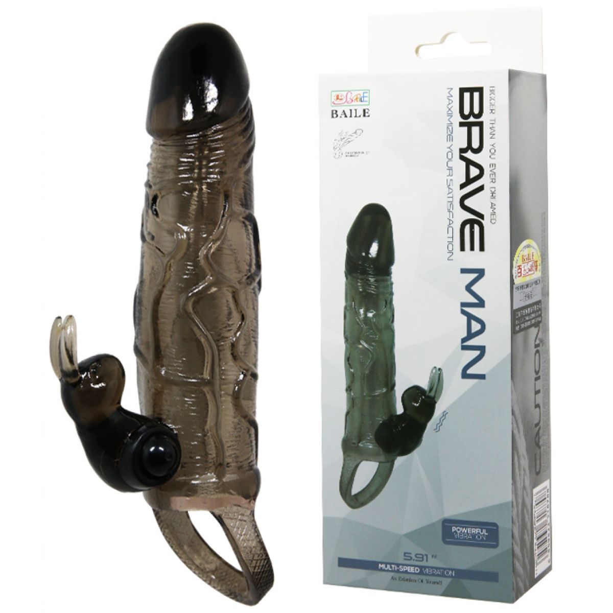 Увеличивающая вибронасадка с клиторальным стимулятором и петлей под мошонку черная Brave Man + 3,5 см