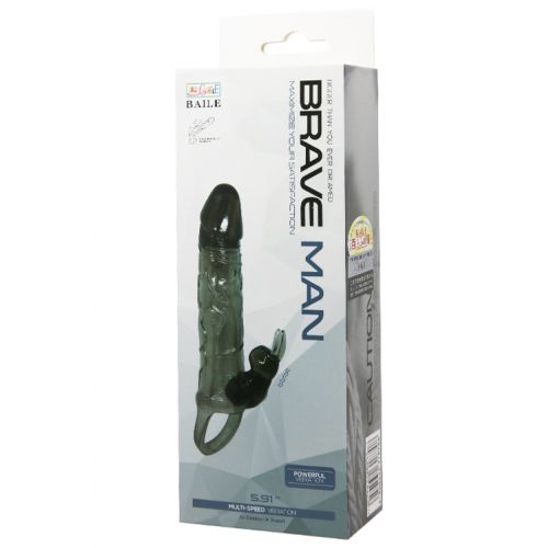 Увеличивающая вибронасадка с клиторальным стимулятором и петлей под мошонку черная Brave Man + 3,5 см