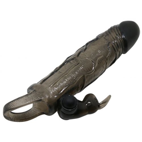 Увеличивающая вибронасадка с клиторальным стимулятором и петлей под мошонку черная Brave Man + 3,5 см