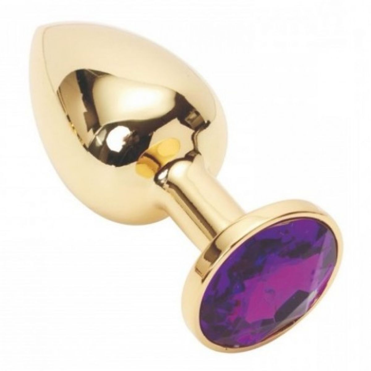 Золотая металлическая анальная пробка S с фиолетовым камушком