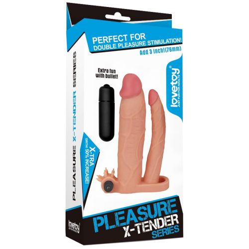 Удлиняющая вибронасадка для двойного проникновения Pleasure X Tender Vibrating Double Penis Sleeve + 8 см