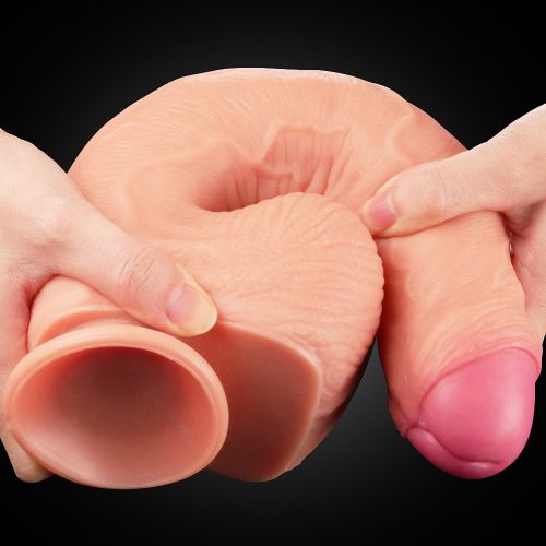 Большой фаллос на присоске с мошонкой 28 см Dual Layered Silicone Cock 