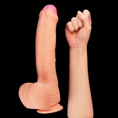 Большой фаллос на присоске с мошонкой 28 см Dual Layered Silicone Cock 