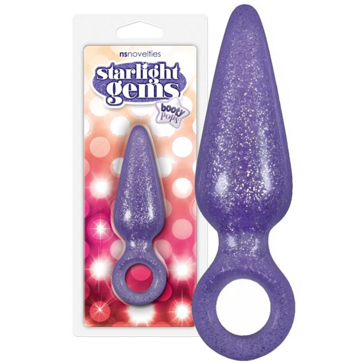 Блестящая анальная втулка Booty Pops с кольцом на пальчик фиолетовая