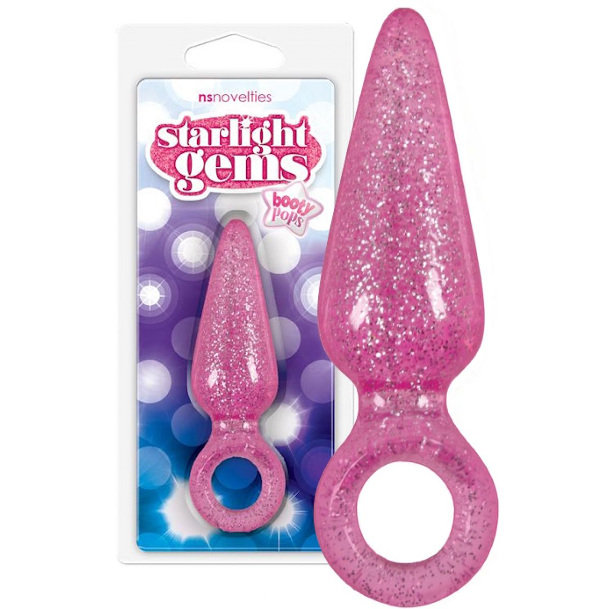 Блестящая анальная втулка Booty Pops с кольцом на пальчик розовая