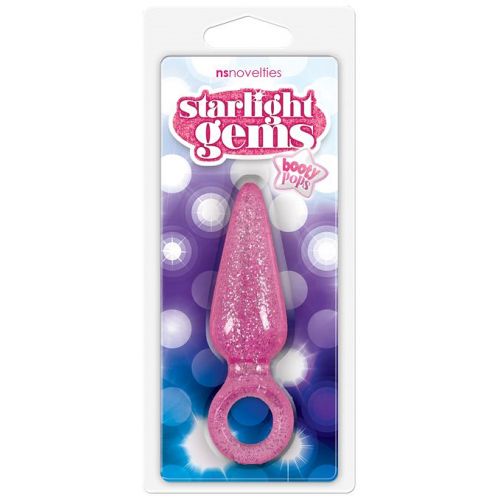 Блестящая анальная втулка Booty Pops с кольцом на пальчик розовая