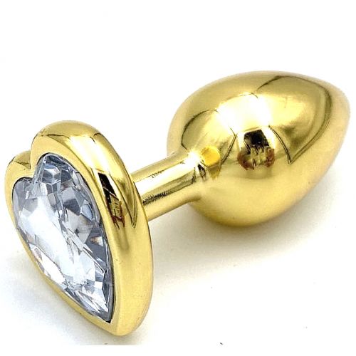 Золотая металлическая анальная пробка S с прозрачным камушком в виде сердечка