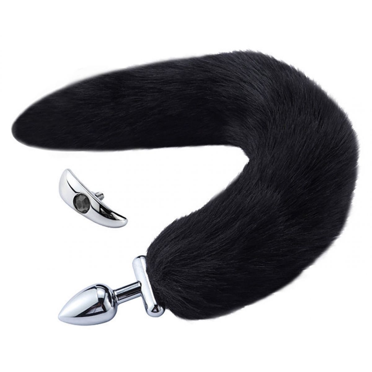 Металлическая анальная втулка со съемным черным хвостиком и пробкой с черным кристаллом