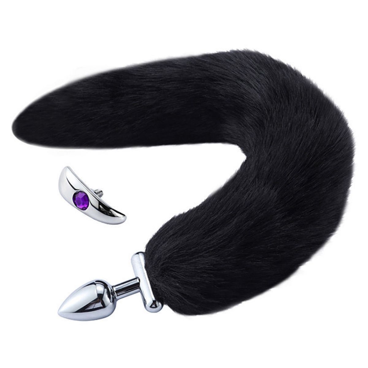 Металлическая анальная втулка со съемным черным хвостиком и пробкой с фиолетовым кристаллом