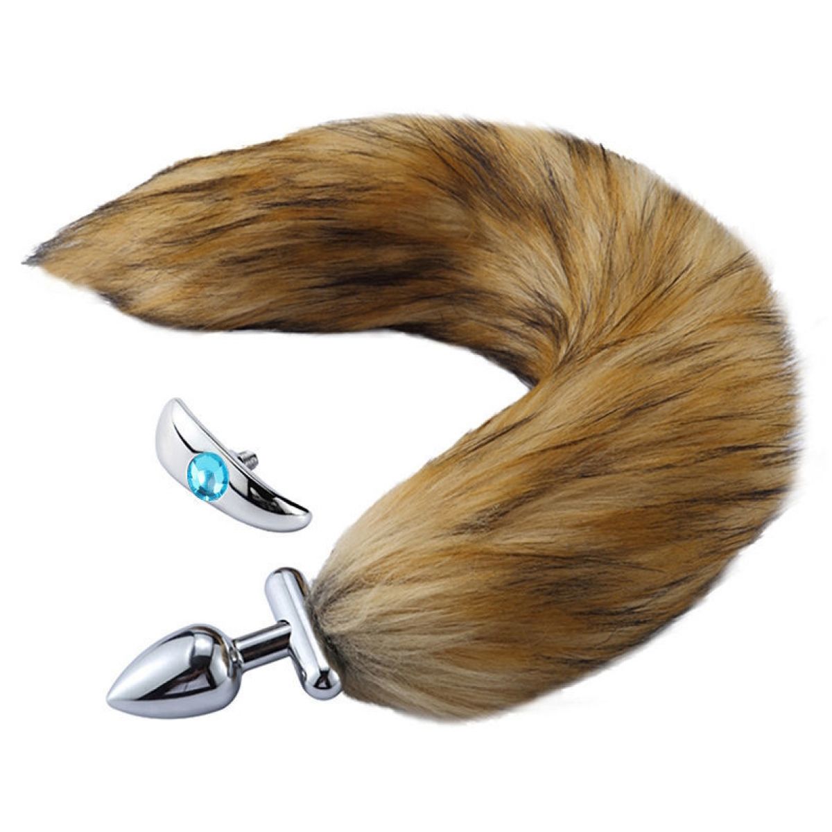 Металлическая анальная втулка со съемным рыжим хвостиком и пробкой с голубым кристаллом