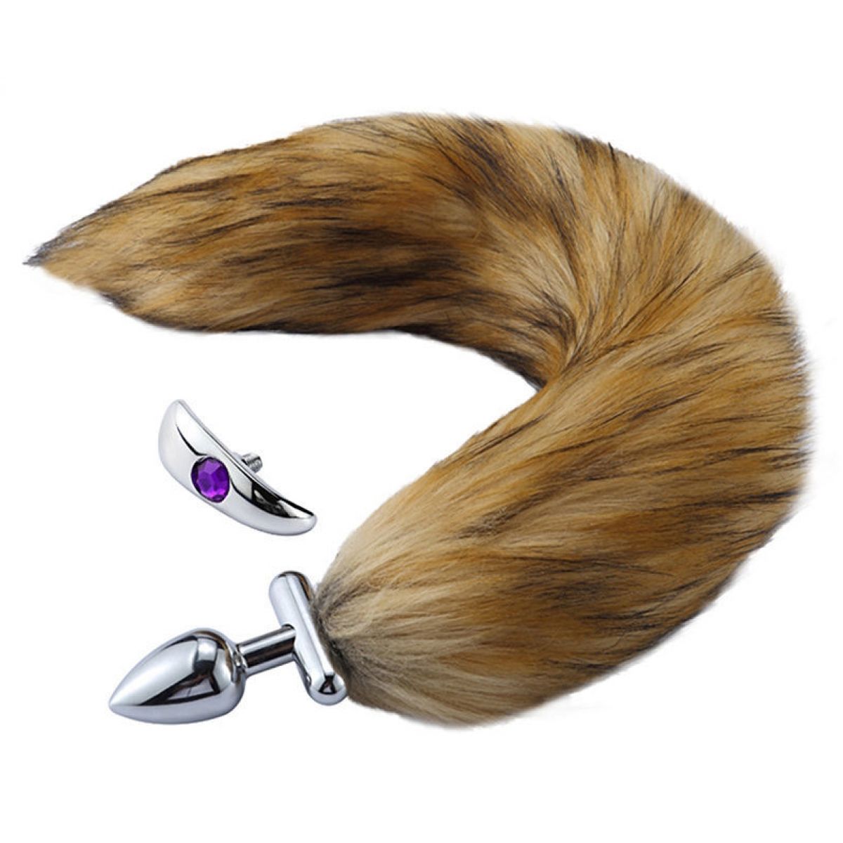 Металлическая анальная втулка со съемным рыжим хвостиком и пробкой с фиолетовым кристаллом