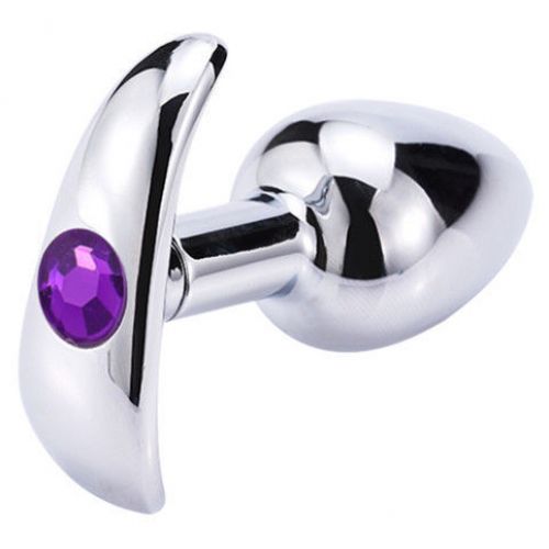 Металлическая анальная втулка со съемным белым хвостиком и пробкой с фиолетовым кристаллом