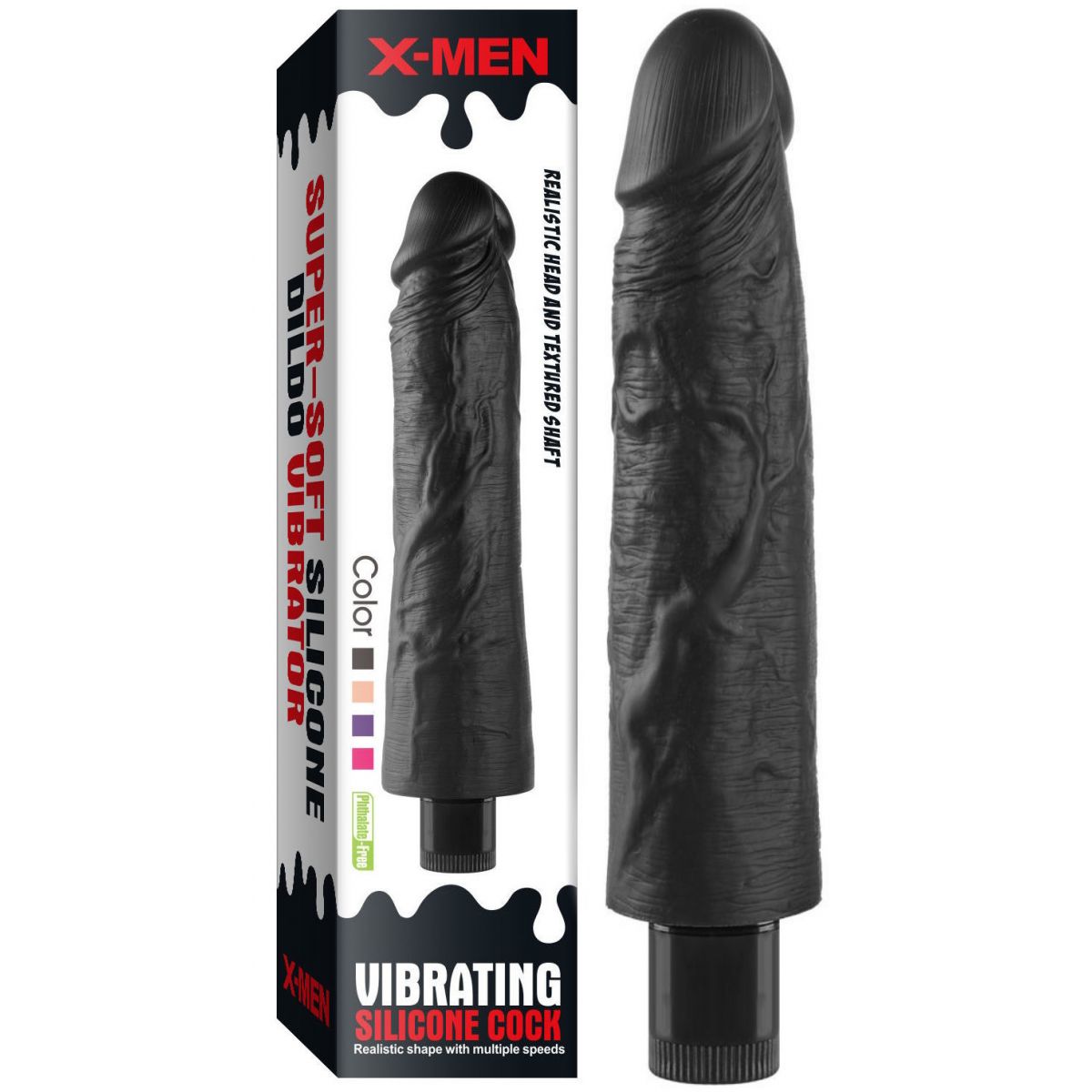 Реалистичный черный вибратор с рельефным стволом X-Men Vibrating Siliсone Cock 19 см