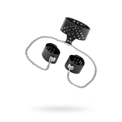 Комплект TOYFA Theatre, ошейник с наручниками, кожанный, чёрный