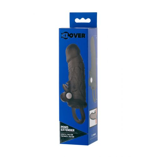 Насадка Toyfa XLover, для увеличения размера с кольцом и вибрацией, TPE, черная прозрачная, 14.5 см