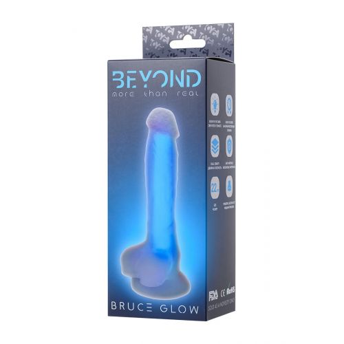 Фаллоимитатор, светящийся в темноте, Beyond by Toyfa, Bruce Glow, силикон, прозрачно-синий, 16,5 см