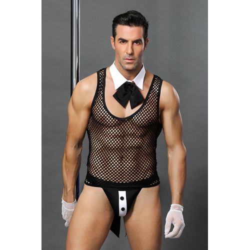 Костюм официанта Candy Boy Juan (топ, воротник с галстуком, трусы, перчатки), черно-белый, OS