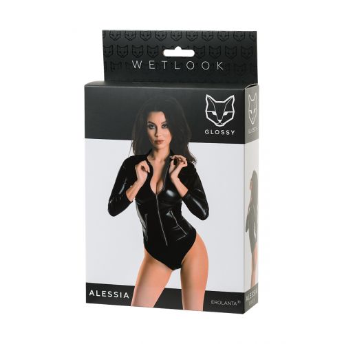 Боди Glossy Alessia из материала Wetlook на молнии, черное, S